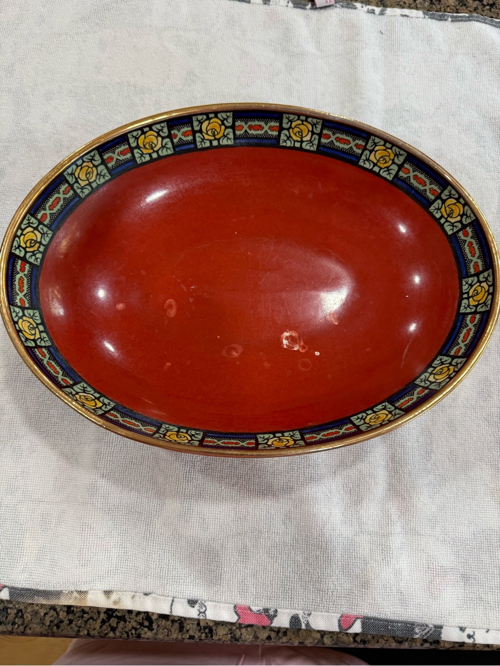Red Ceramic Decorative Serving Bowl with Floral Border